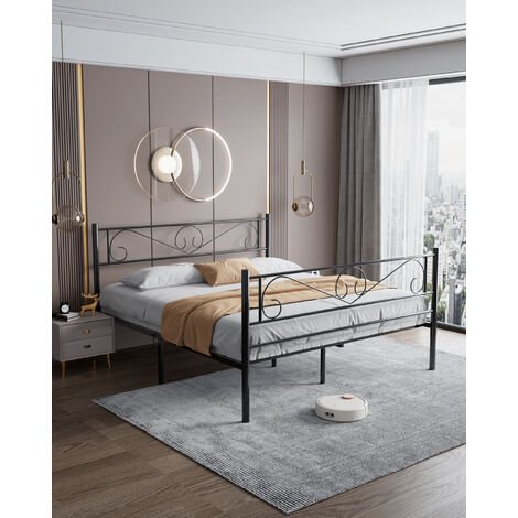 Lit Double, Cadre de lit en métal, pour Matelas de 140 x 190 cm, pour Adultes, Adolescents, Pas Besoin de sommier, Assemblage Simple, pour Petits espaces, Noir