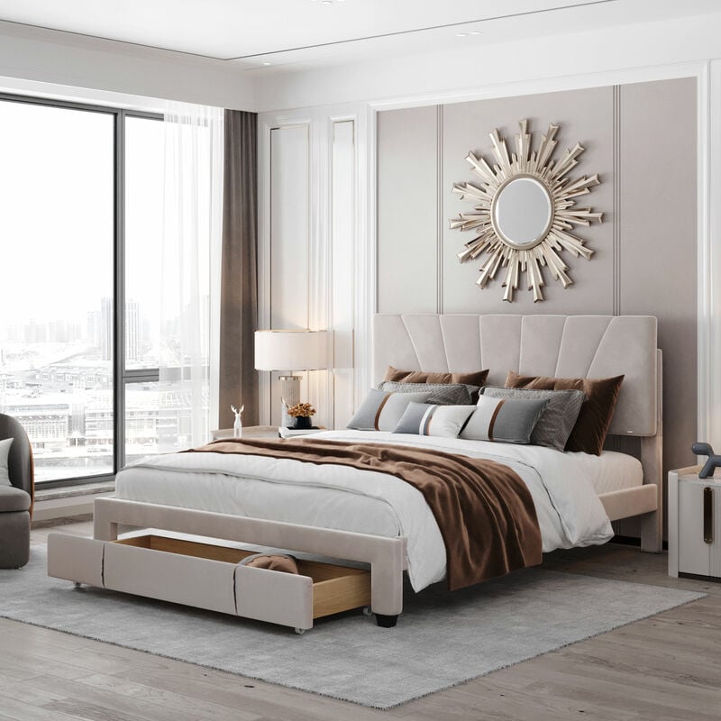 Lit double capitonné 140x200 cm en tissu avec grand tiroir, 2 personnes, Sommier à lattes & sommier, Style scandinave, Beige