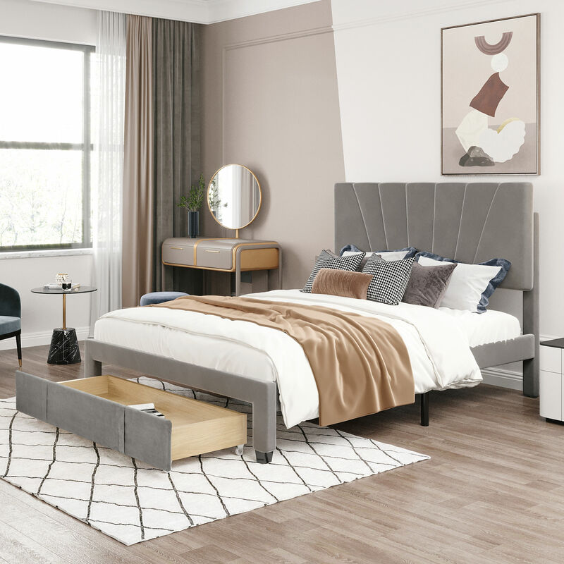 Fortuna Lai - Lit double capitonné 140 x 200 cm en tissu avec grand tiroir, 2 personnes, Sommier à lattes & sommier, Style scandinave, Gris