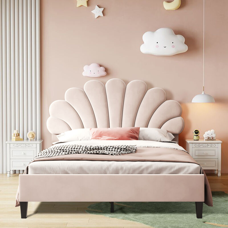 Lit double capitonné 140x200cm - Tête de lit en forme de fleur, Sommier à lattes en MDF, Tissu en velours Style scandinave - Beige