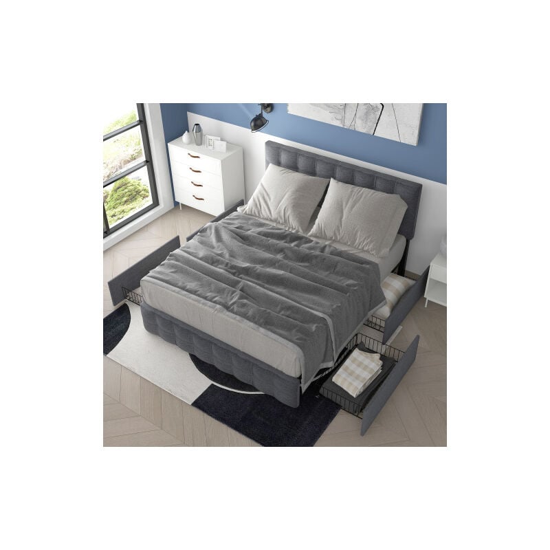 Lit 140x200 cm avec 4 tiroirs, lit capitonné 140x200 cm avec sommier à lattes, tête de lit réglable en hauteur, lin, gris, sans matelas