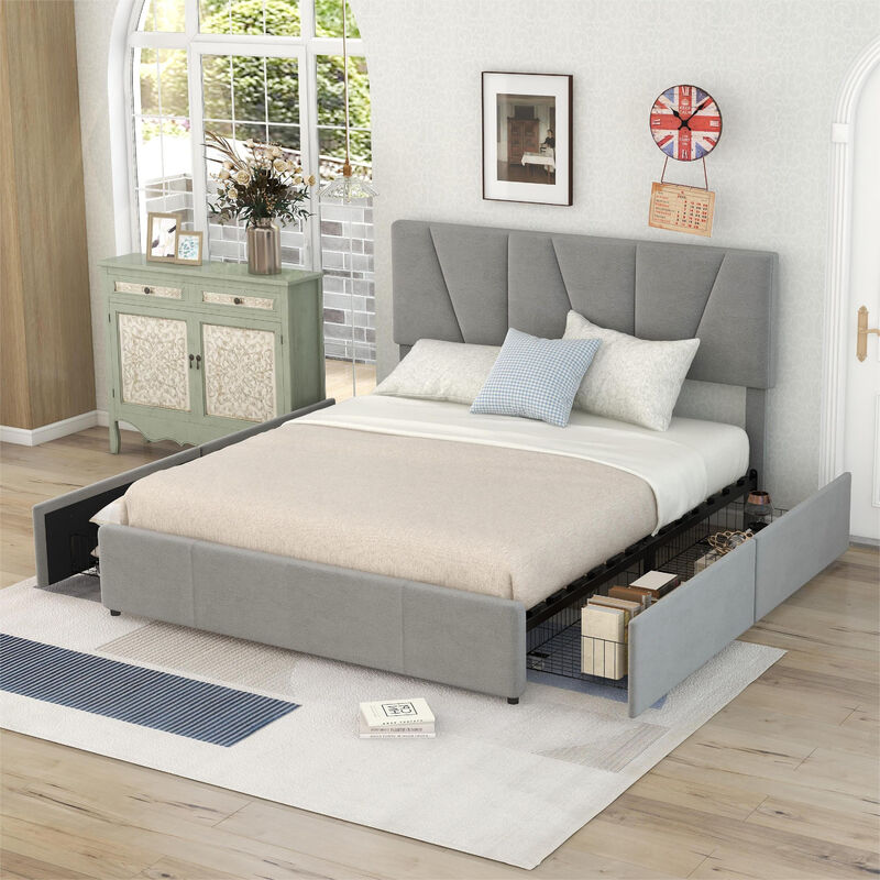 Lit double capitonné 160 x 200 cm - Avec 4 tiroirs, tête de lit réglable en hauteur, velours, style scandinave -Lit adulte Gris