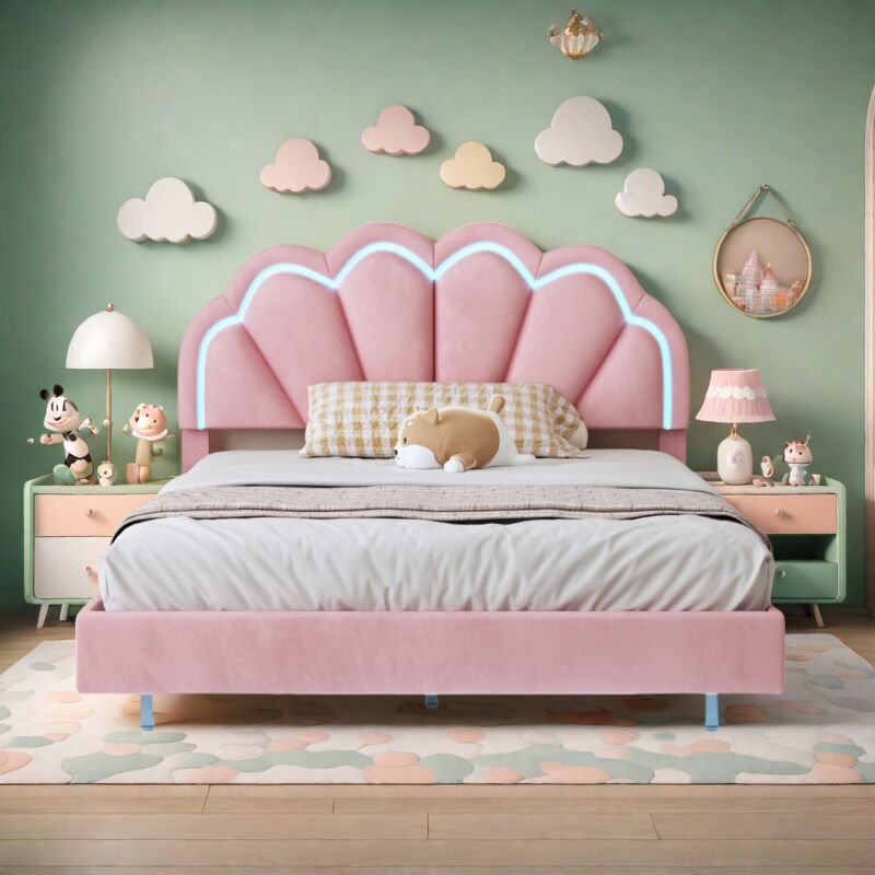 Eifson - Lit double capitonné 140x200 cm, avec bande lumineuse led, tête de lit en forme de coquille, tissu velours, sommier à lattes, structure en