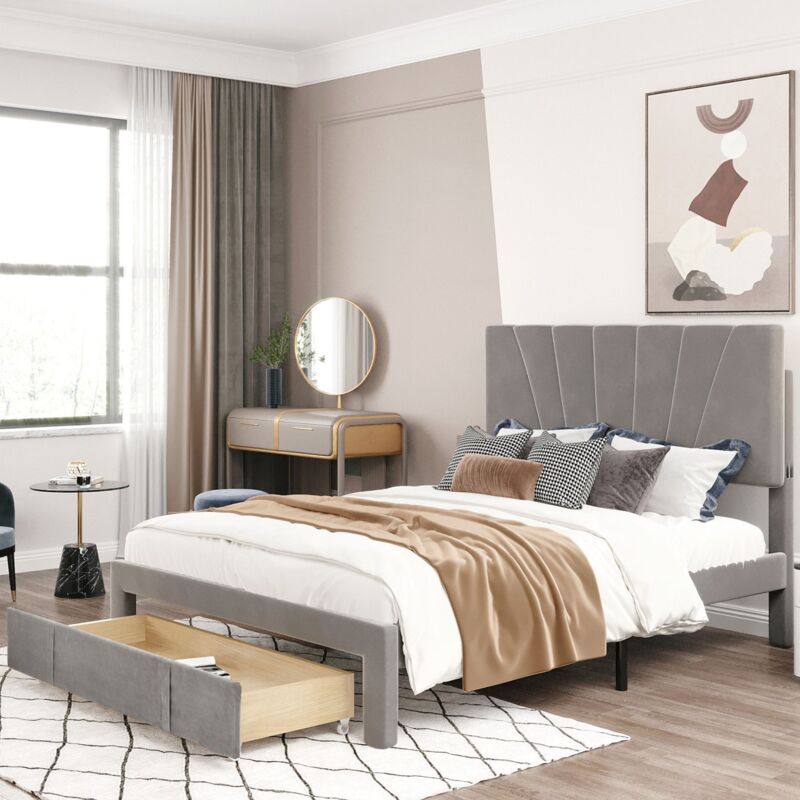 Lit double capitonné 140x200 cm avec sommier à lattes, dossier et grands tiroirs, tissu velours, adapté aux adultes et adolescents - Gris