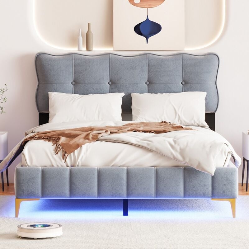 Eifson - Lit double capitonné 140x200 cm, avec tête de lit en forme de biscuit , avec barre lumineuse led orientable, sommier à lattes, velours,