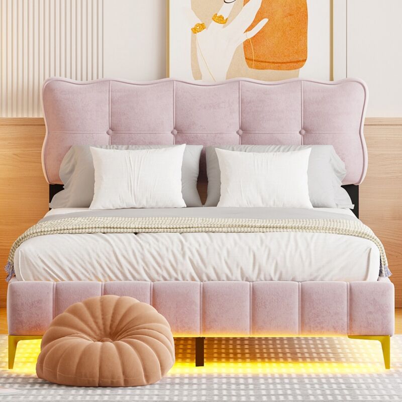 Lit double capitonné 140x200 cm, avec tête de lit en forme de biscuit , avec barre lumineuse LED orientable, sommier à lattes, velours, pieds hauts