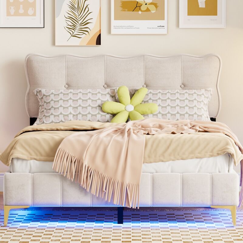 Eifson - Lit double capitonné 140x200 cm, avec tête de lit en forme de biscuit , avec barre lumineuse led orientable, sommier à lattes, velours,