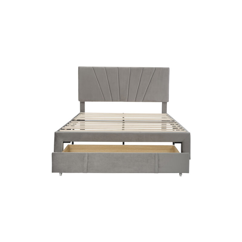 Merax - Lit rembourré 140 x 200 cm avec sommier à lattes tissu velours doux gris (sans matelas)