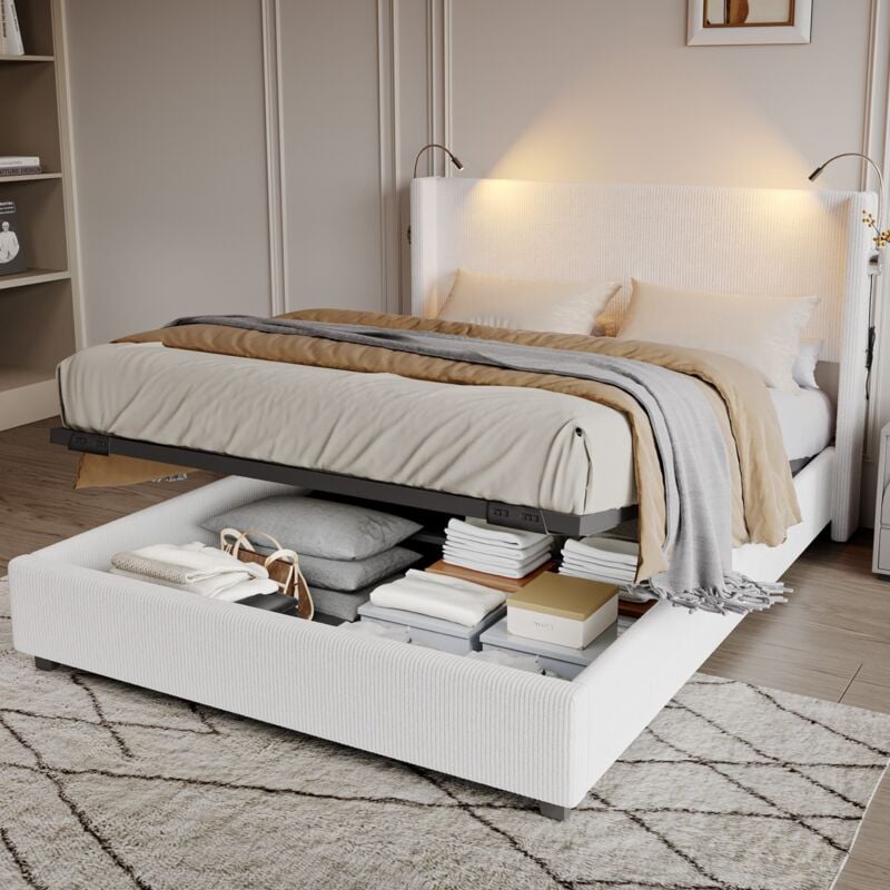 Lit coffre 140x200 cm, avec 2 liseuses, velours côtelé, nombreux rangements hydrauliques, sommier à lattes, convient aux adolescents et aux adultes