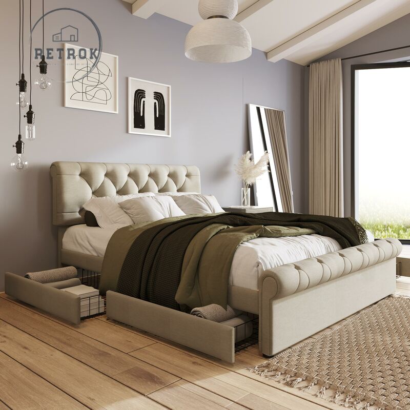 Retrok - Lit double capitonné 140x200cm - Tête de lit réglable - Style Chesterfield - Sans matelas