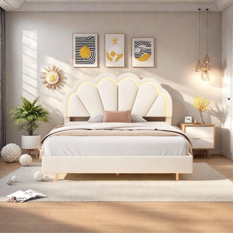 Sureh - lit double capitonne 140 x 200, lit rembourré avec led réglable,lit enfant 140x200, lit double coquille, sommier à lattes, tissu velour, beige
