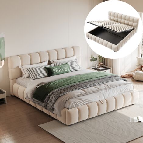 Lit double capitonné 140x190 cm avec coffre de rangement hydraulique – Lit coffre, tête de lit moelleuse et revêtement en velours, sommier à lattes – Beige
