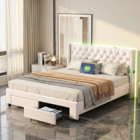 Lit double capitonné 140x190 cm - éclairage LED - fonction de charge USB - 2 Tiroirs - sommier à lattes - velours - Beige - pour adolescents et adultes
