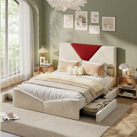 Lit double capitonné 140x190 cm, lit adulte avec 4 tiroirs, sommier à lattes, tête de lit design, cadre de lit pour adultes et adolescents, velours, beige