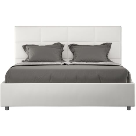 Lit double capitonné 140x190 cm simili cuir blanc Mira-Option Avec sommier et coffre