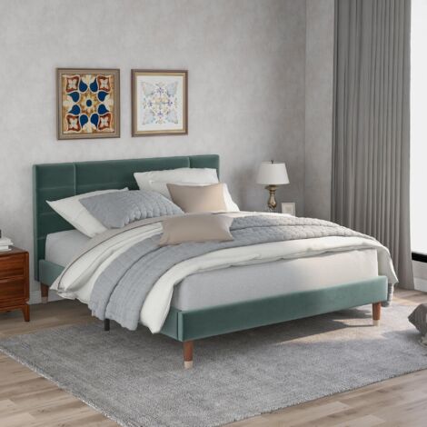 Lit double capitonné 140x190 cm, tissu lin, avec sommier à latte, lit adulte style scandinave - Vert
