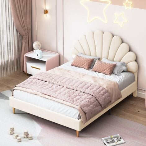 DANS LES NUAGES Lit double capitonné 140x190 cm, tissu velours, avec sommier à latte, tête de lit en forme de fleur, lit adulte style scandinave - beige