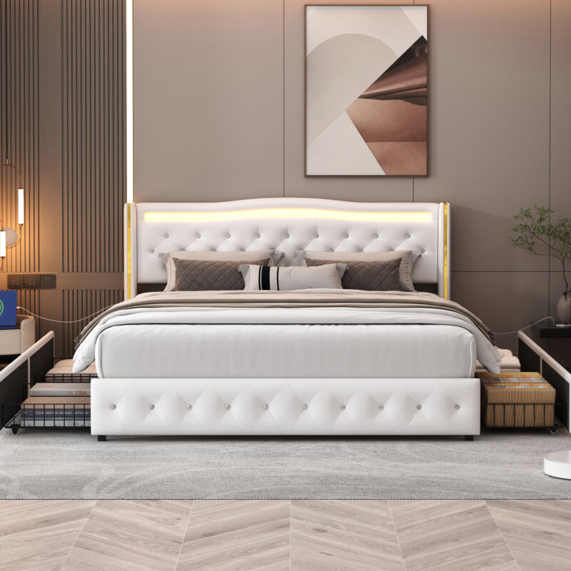 Blanketswarm - lit double capitonne 140x200, lit coffre 140x200, lit adulte avec 4 tiroirs, avec led réglable et chargement usb, décoration de chevet