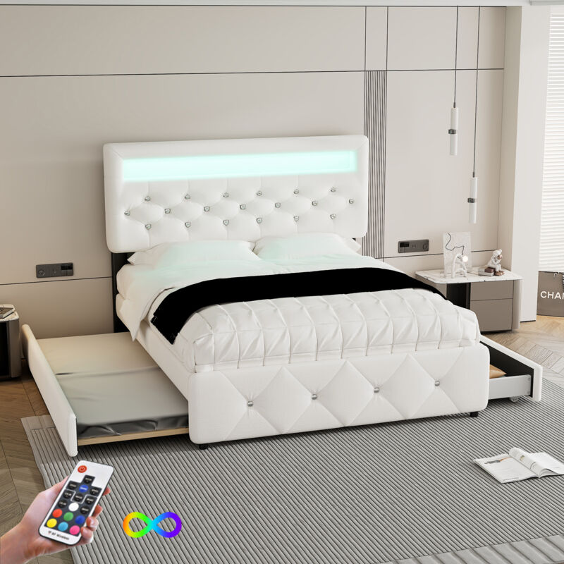 Lit adulte double capitonné 140x200 cm, avec lit gigogne 90x190 cm, 2 tiroirs, LED barre lumineuse, Lin, sans matelas, blanc
