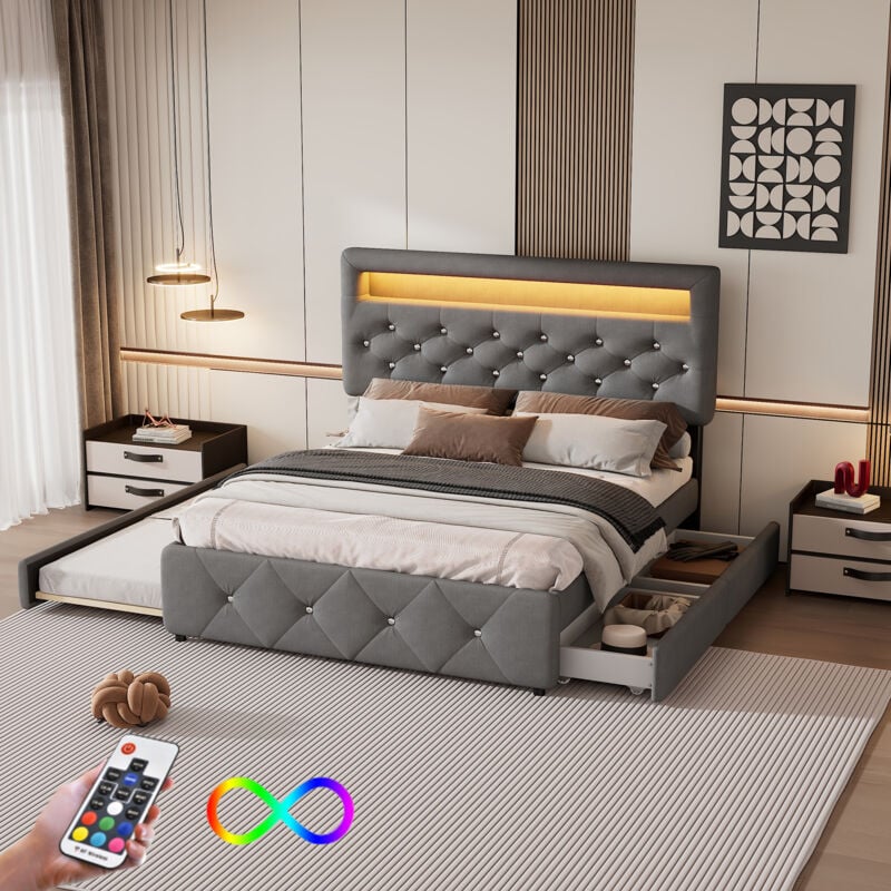 Lit adulte double capitonné 140x200 cm, avec lit gigogne 90x190 cm, 2 tiroirs, led barre lumineuse, Lin, sans matelas, gris