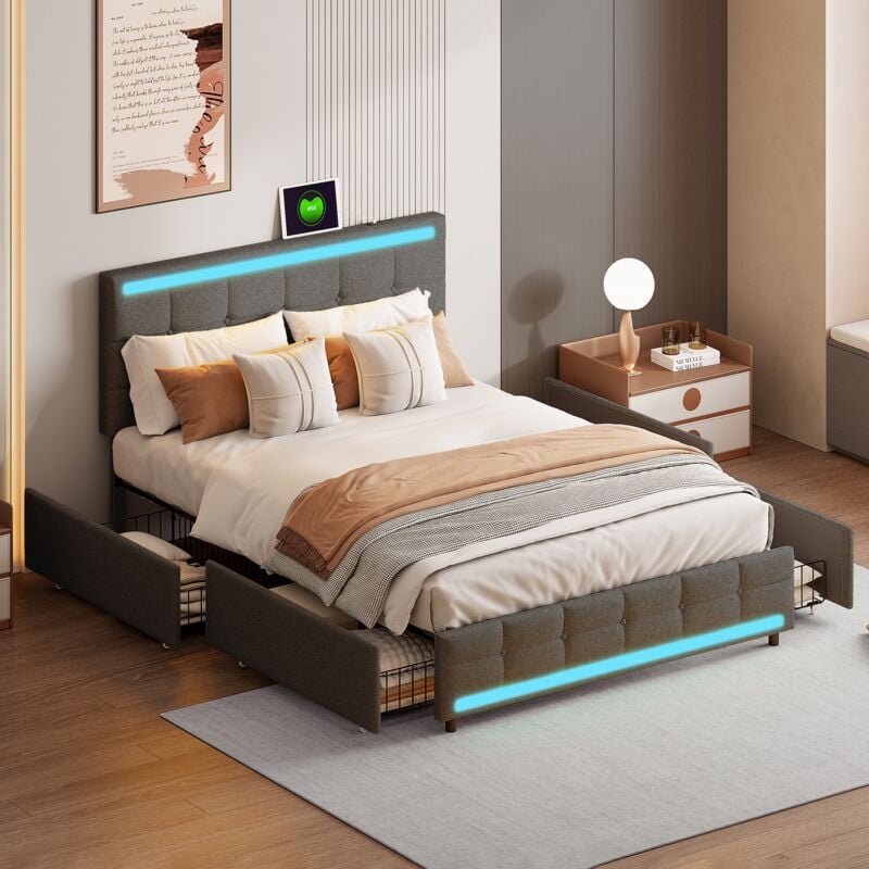 Lit double capitonné 140x200 cm avec 4 tiroirs, éclairage led, port usb, sommier à lattes, linge, lit tiroir adulte - Gris