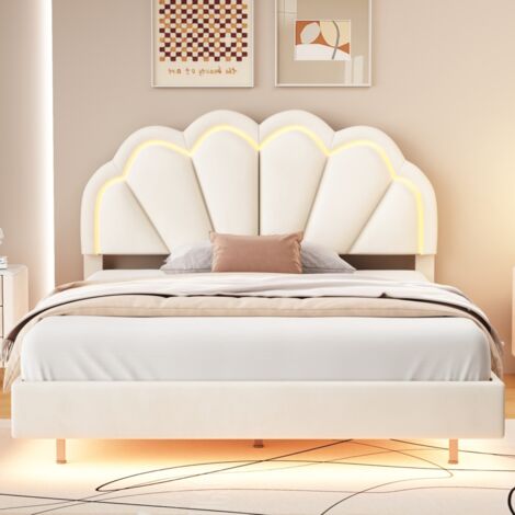 EIFSON Lit double capitonné 140x200 cm, avec bande lumineuse LED, tête de lit en forme de coquille, tissu velours, sommier à lattes, structure en métal, adapté aux enfants et adolescents - Beige