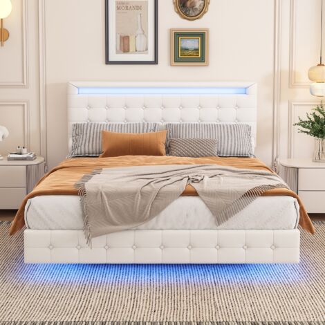 Lit double capitonné 140x200 cm - avec éclairage LED et tête de lit réglable, sommier à lattes, cadre de lit suspendu, lit adulte style Scandinave - Beige