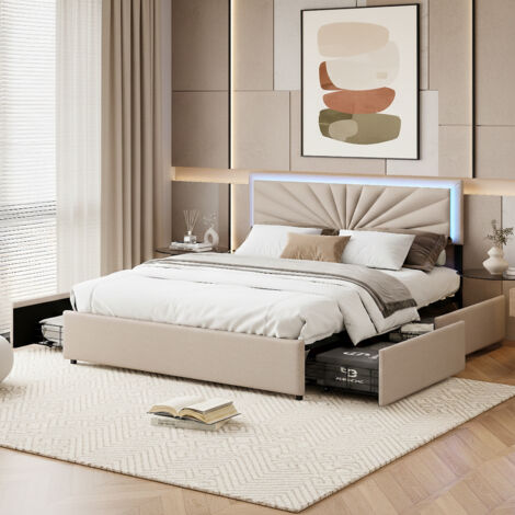 Lit double capitonné 140x200 cm avec LED, 4 tiroirs et sommier à lattes, tête de lit réglable, tissu lin, pour adultes et adolescents, beige