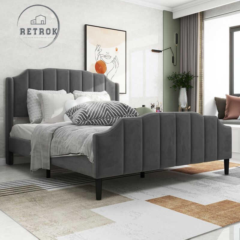 Retrok - Lit double capitonné 140x200cm - avec sommier à lattes, tête de lit, velours, style scandinave, adapté aux enfants, ados - Noir