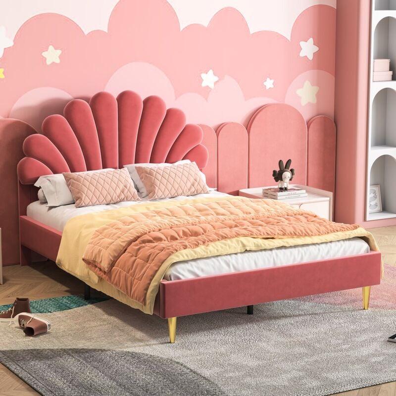 Lit double capitonné 140x200 cm, avec tête de lit fleurie, sommier à lattes, velours, style scandinave - Rouge