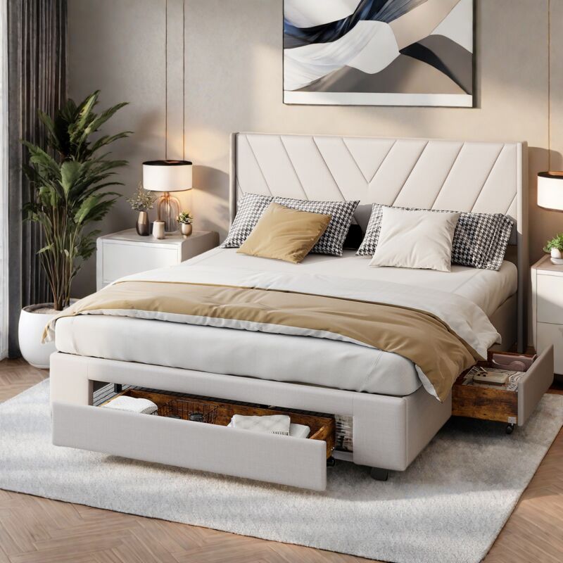 Lit double capitonné 140x200 cm, Lit avec tiroirs, lit capitonné avec sommier à lattes et tête de lit, sommier à lattes, lit adulte en lin - Beige