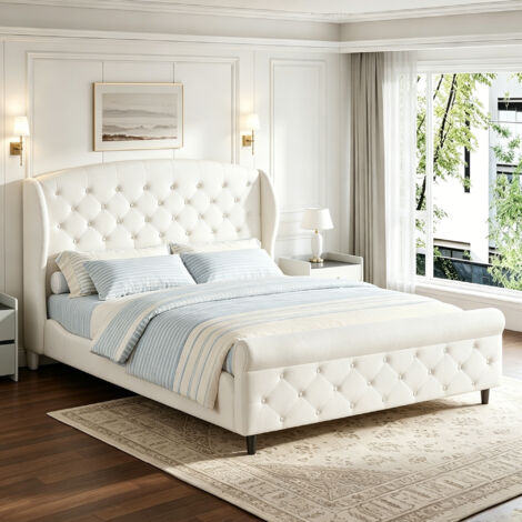 Lit double capitonné 140x200 cm -  Lit rembourré avec Sommier à lattes et Tête de lit à ailes - lit 2 personnes - Velours - Beige