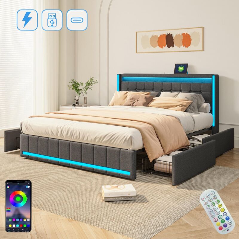 Lit double capitonné 140x200 cm, avec 4 tiroir, éclairage led, Télécommande, sommier à lattes, usb fonction de charge type c, tissu lin, lit adulte