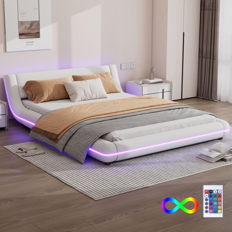 Dans Les Nuages - Lit double capitonné 140x200 cm, avec éclairage led, Sommier à lattes en bois, cadre en métal, style Moderne, lit adulte en