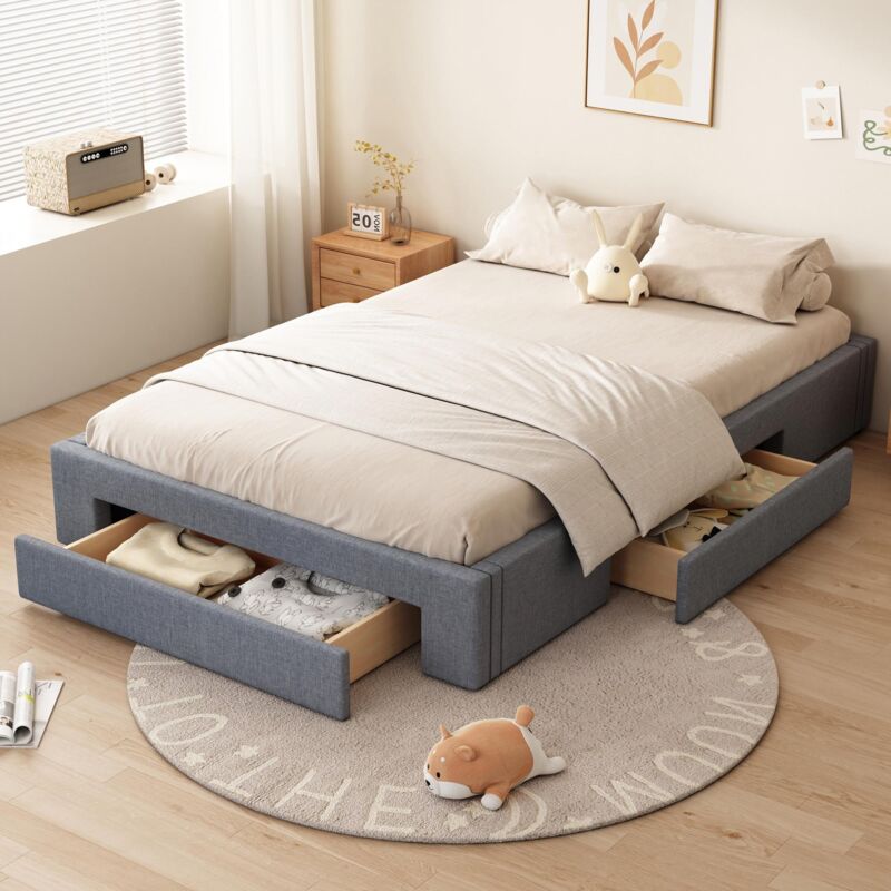 Lit double capitonné 140x200 cm, en lin, avec 3 tiroirs, sommier à lattes en bois, style Moderne, lit adulte - Gris