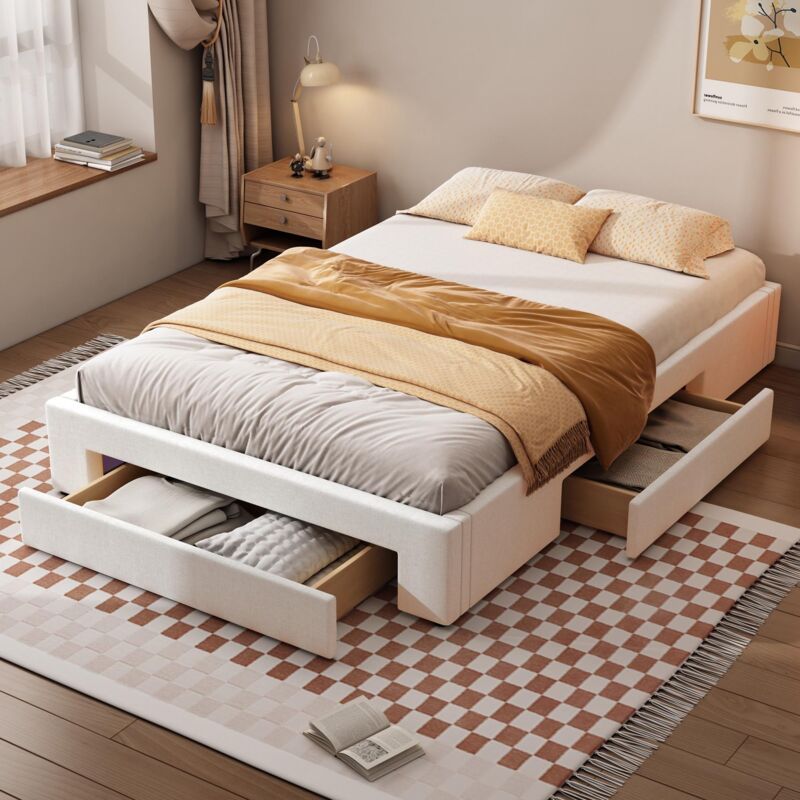 Lit double capitonné 140x200 cm, en lin, avec 3 tiroirs, sommier à lattes en bois, style Moderne, lit adulte - Beige