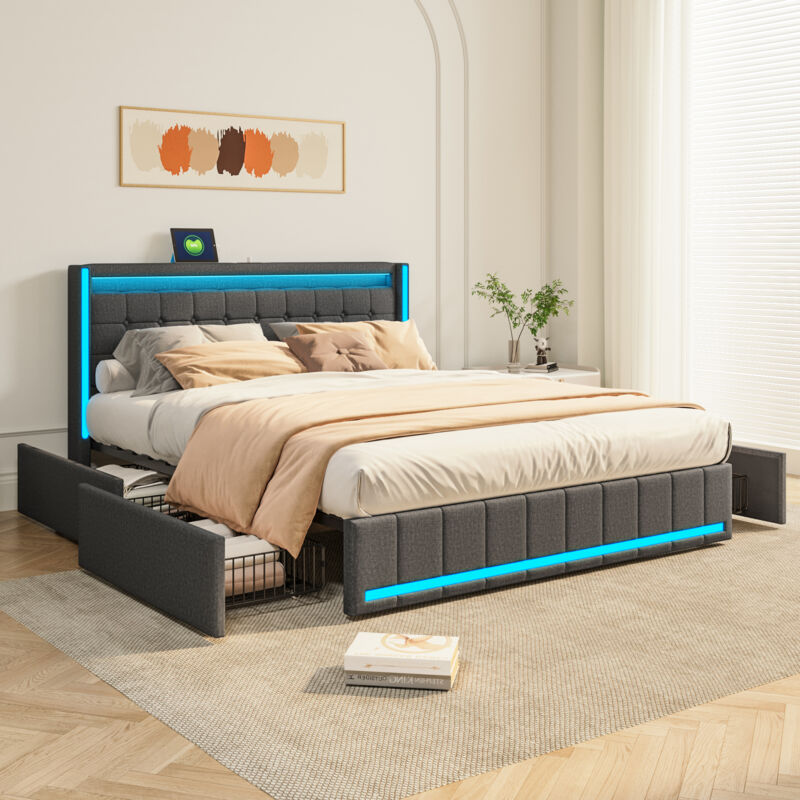 Blanketswarm - Lit double capitonné 160x200cm, Lit coffre avec 4 Tiroirs, Lit adulte avec sommier à lattes, éclairage led, tête de lit avec fonction