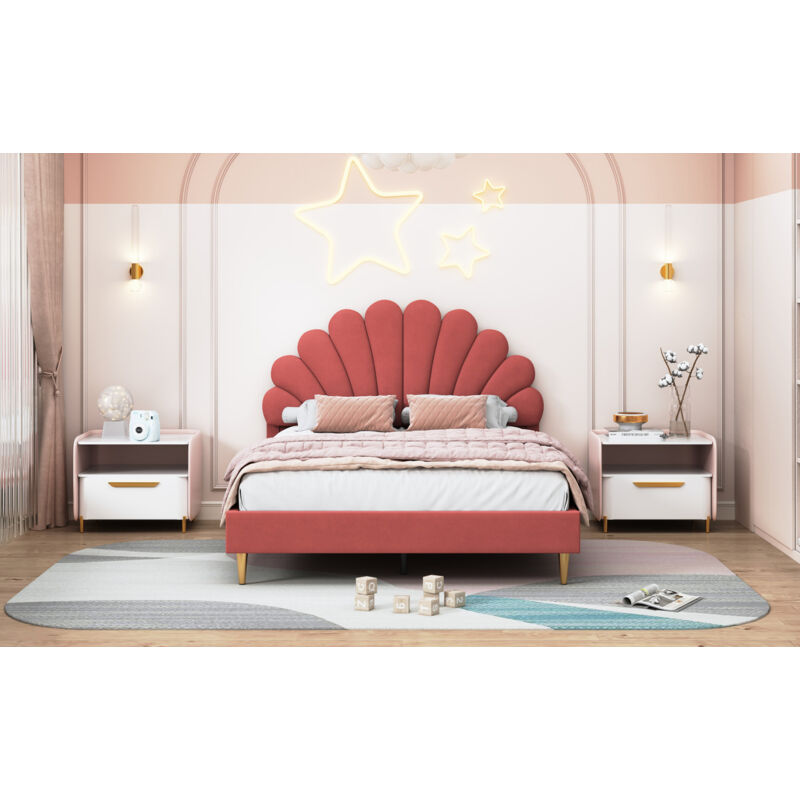 Sureh - Lit double capitonné 140x200cm, Lit adulte avec Tête de lit en forme de fleur, Sommier à lattes en mdf, Lit double Tissu en velours - Rouge