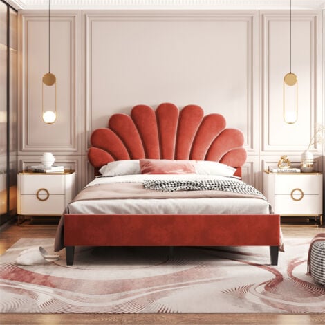 Lit double capitonné 140x200cm - Tête de lit en forme de fleur, Sommier à lattes en MDF, Tissu en velours Style scandinave - Rouge Haricot