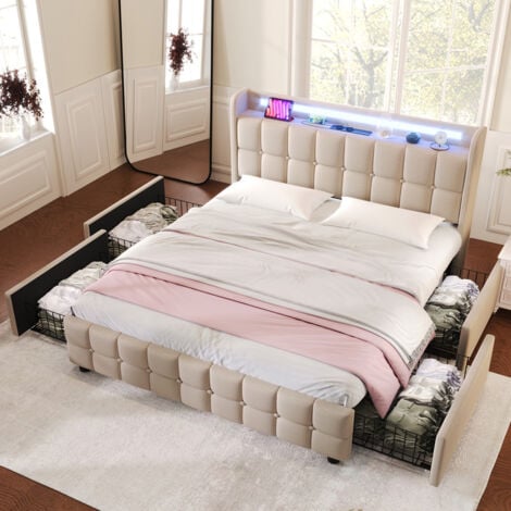 SUREH Lit double capitonné 140x200cm,tête de lit avec fonction de charge USB et éclairage LED,4 tiroirs,avec cadre à lattes et espace de rangement,sans matelas, Beige