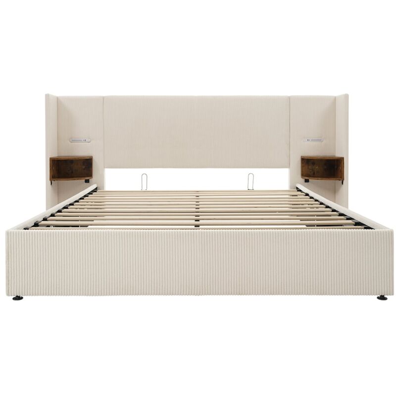 Gutent – Lit double capitonné 160x200 avec liseuse et recharge USB Type-C – Tissu velours côtelé beige – Structure métallique stable – Design