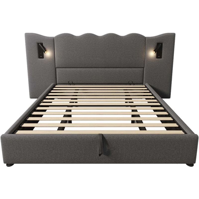 Gutent - Lit double capitonné 180 x 200 avec liseuse et chargeur usb Type-C, gris, lin