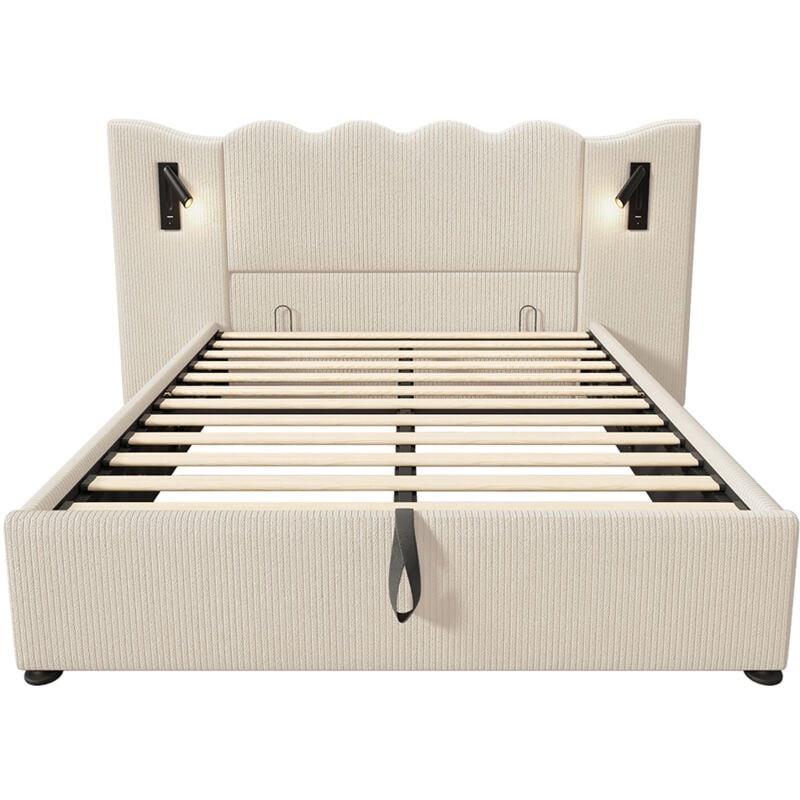 Gutent - Lit double capitonné 160 x 200, avec liseuse et recharge usb Type-C, beige, tissu velours côtelé.