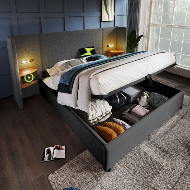 Gutent - Lit double capitonné 160 x 200 avec table de chevet, liseuse et chargeur usb Type-C, gris, lin.