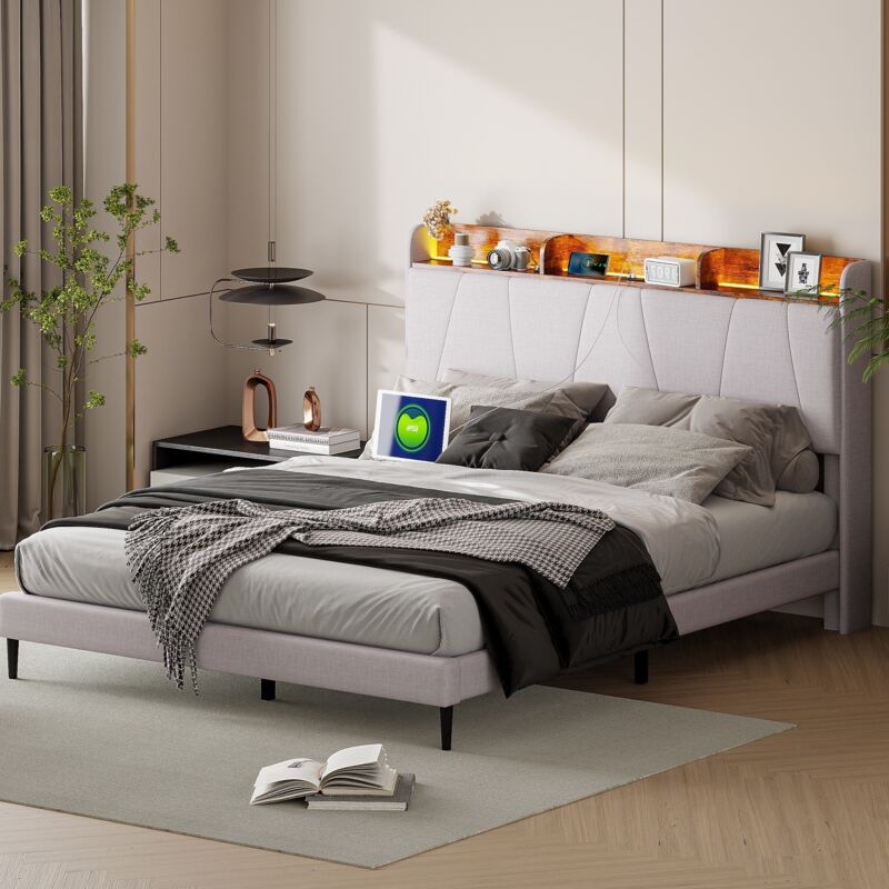 Eifson - Lit double capitonné 160x200 cm, avec tablette de rangement, éclairage led, fonction de chargement interface 2USB+1tpcy-c, tissu en lin,