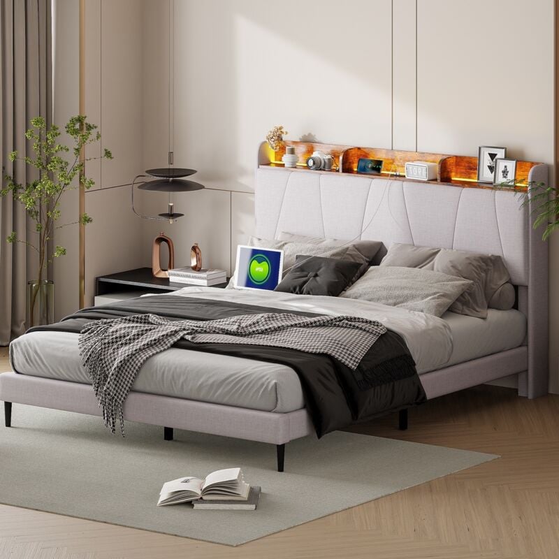 Eifson - Lit double capitonné 140x200 cm, avec tablette de rangement, éclairage led, fonction de chargement interface 2USB+1tpcy-c, tissu en lin,