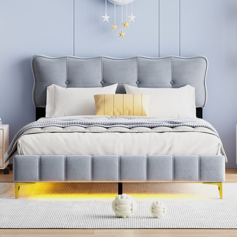 Eifson - Lit double capitonné 160x200 cm, avec tête de lit en forme de biscuit , avec barre lumineuse led orientable, sommier à lattes, velours,