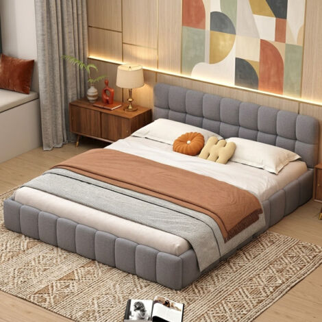 Lit Double capitonné 160x200 cm, à Bulles, avec sommier à Lattes et Dossier Souple, pour Adolescents, Plat, Cadre de lit, Lin, sans Matelas, Gris