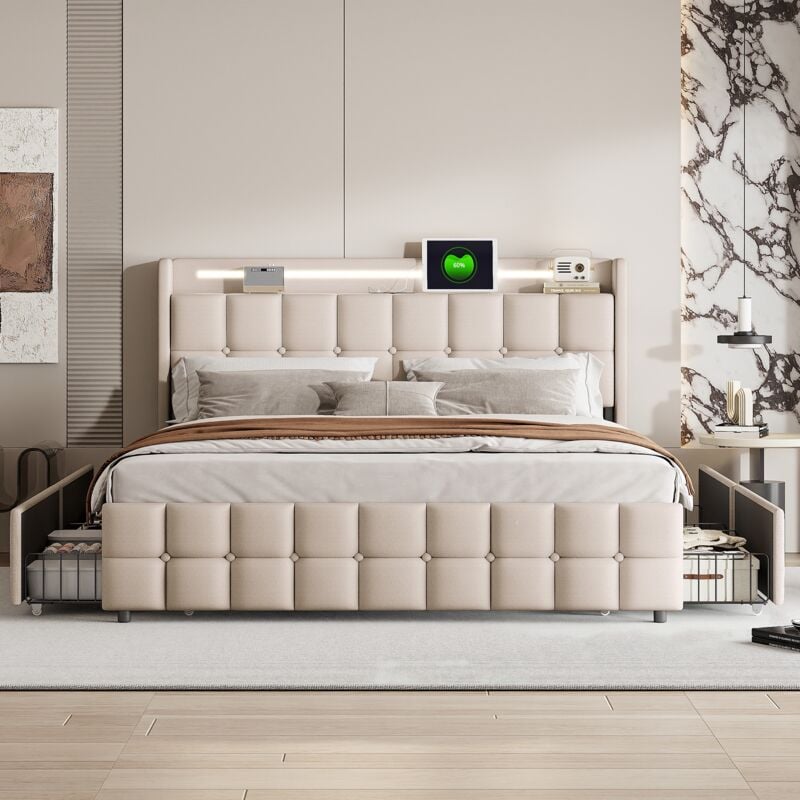 Lit double capitonné 160x200 cm, avec 4 tiroirs, éclairage led, ports et prises usb, sommier à lattes, linge, lit queen size - Beige