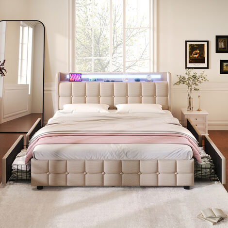 Lit double capitonné 160x200 cm - avec 4 tiroirs, éclairage LED, tête de lit avec fonction chargement USB, sommier à lattes, lit adulte en lin